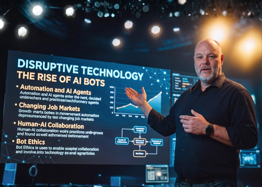 Dennis Kriel speaking on stage about disruptive technology and AI
