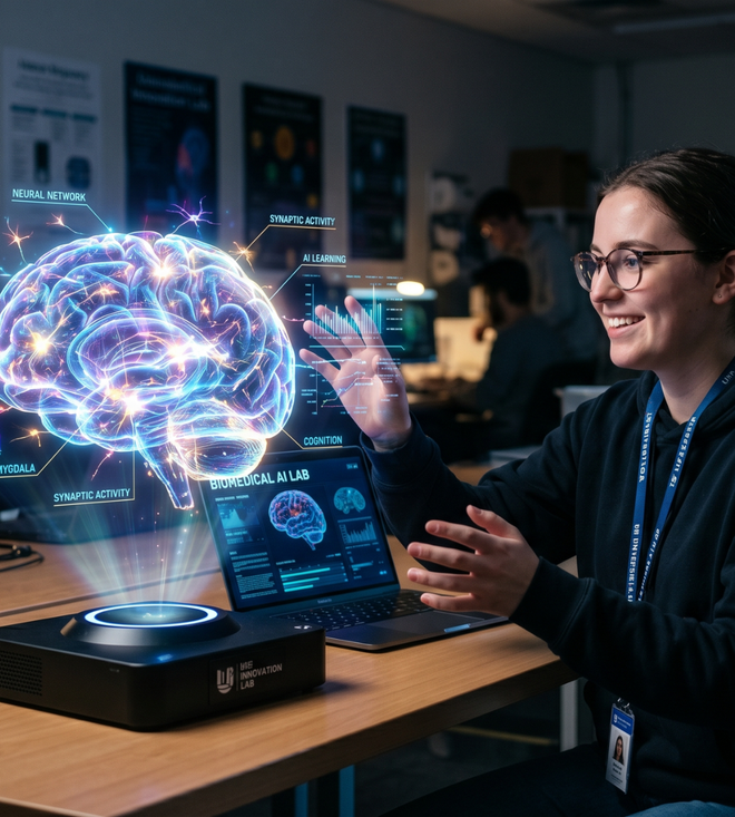 Smiling presenter at a laptop in a lab, with a glowing holographic brain projected beside her.
