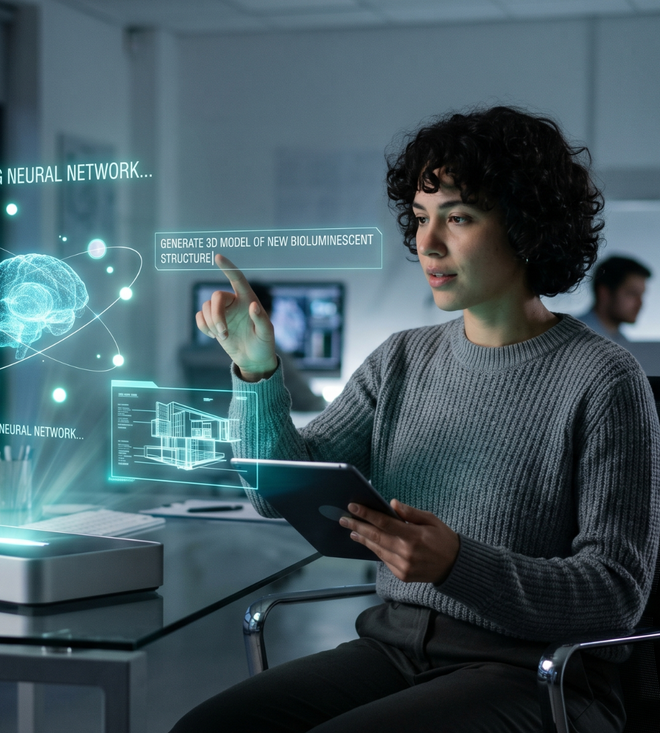Person using a tablet with a holographic network interface in a modern office