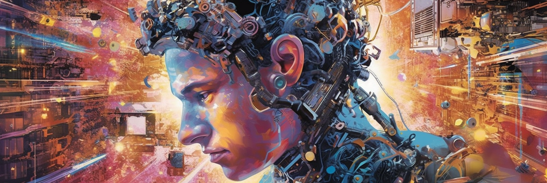 Abstract digital portrait of a person in profile, glowing with neon blue, orange, and magenta circuitry