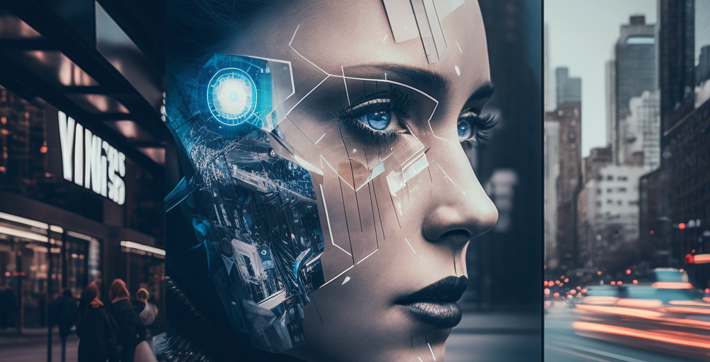 Futuristic female android profile with glowing blue eye in a neon-lit city street at dusk