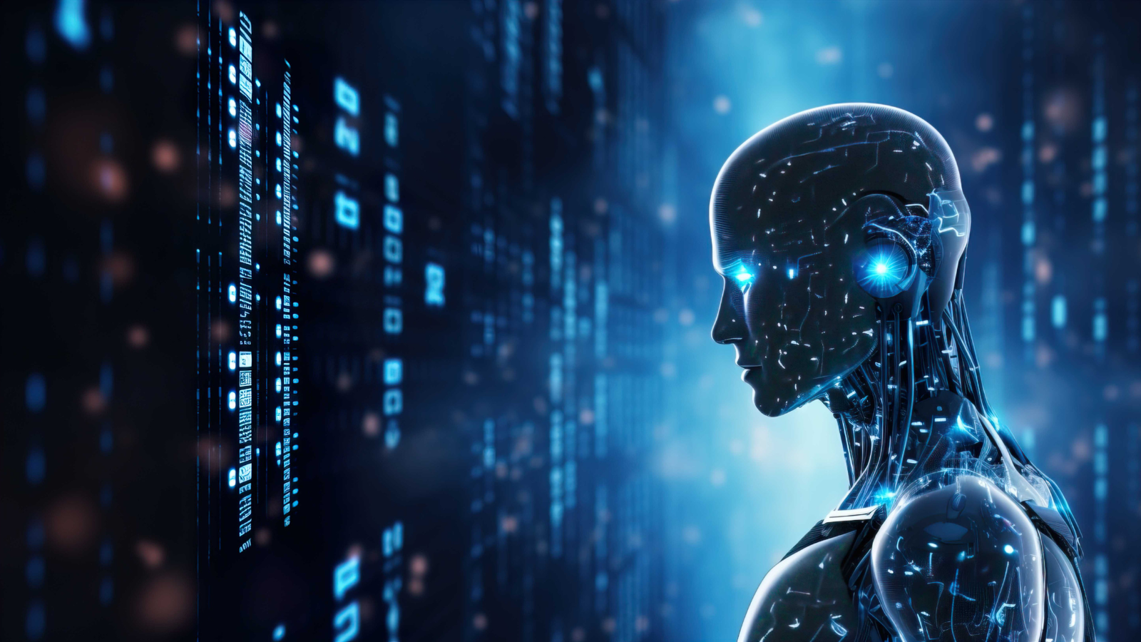 Digital humanoid figure with glowing blue circuitry facing a field of cascading code