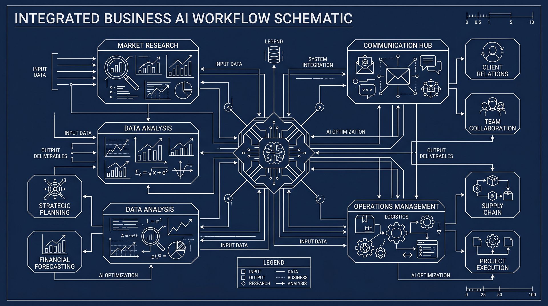 Blue workflow diagram with interconnected boxes and icons, titled 