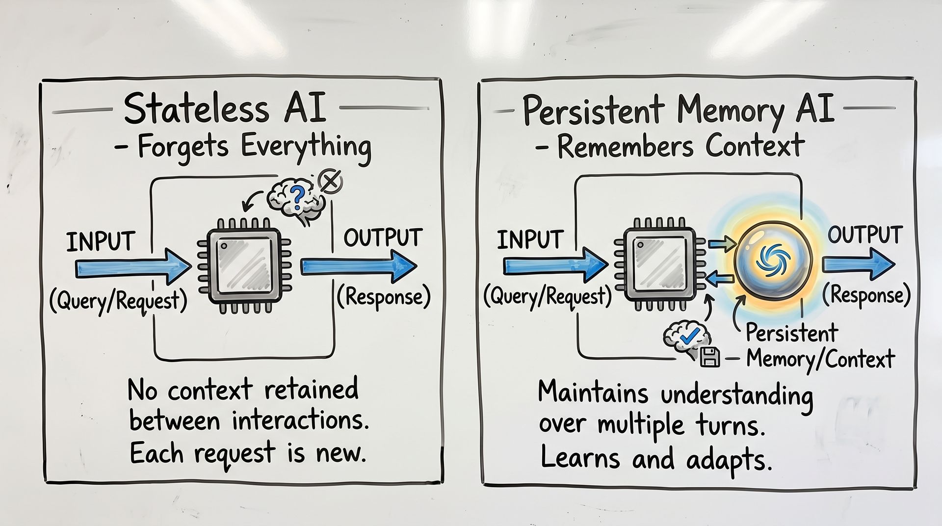 Hand-drawn diagram comparing stateless AI and persistent-memory AI with arrows, notes, and highlighted memory core.