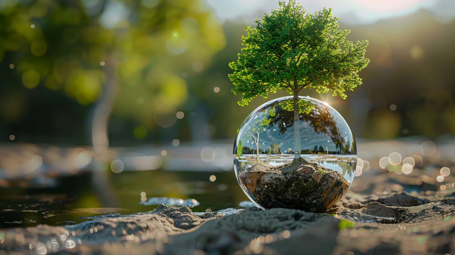 Small tree growing from a glass sphere on rocky ground, with sunlit bokeh background