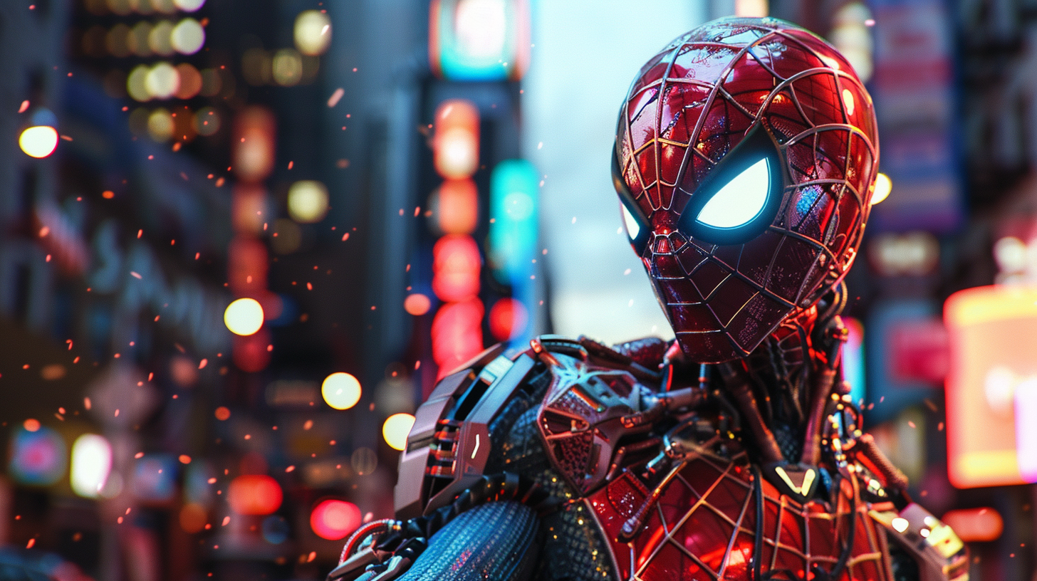 Spider-Man in a red-and-black suit with glowing white eyes against a blurred neon city background
