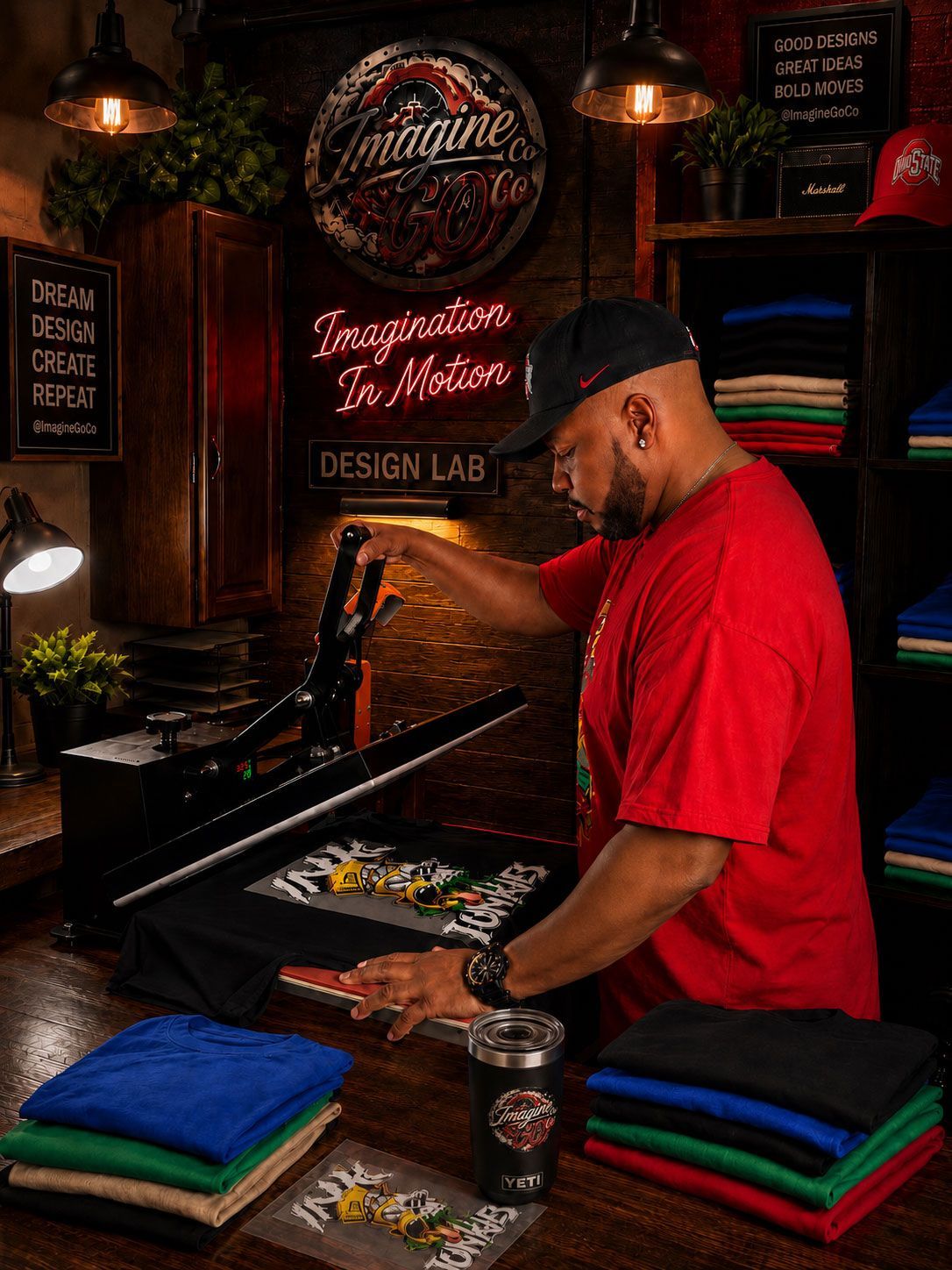 Hands placing a white T-shirt under a heat press for printing the word “JACSON”