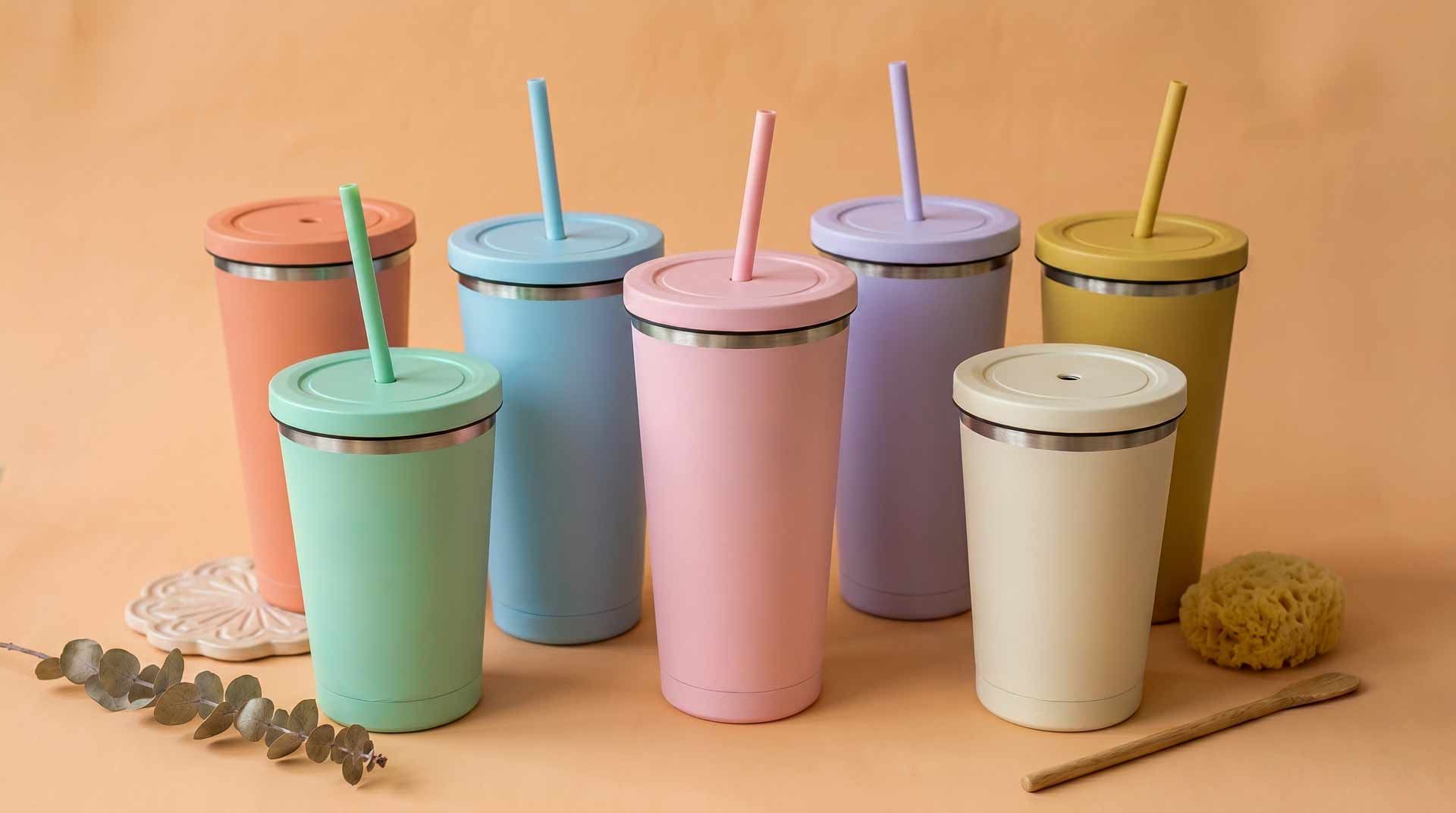 Six pastel smoothie cups with straws on a peach background, arranged with props like a lemon and spoon.