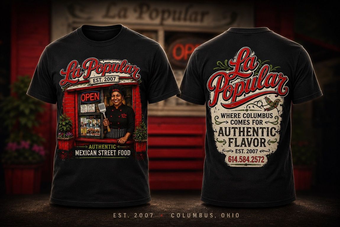 Black graphic tees with vintage red-and-white beer-style designs, front and back, on a dark background