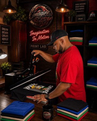 Hands placing a graphic onto a black T-shirt on a worktable in a print shop Hands placing a graphic onto a black T-shirt on a worktable in a print shop