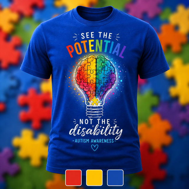 Blue T-shirt with rainbow lightbulb and text “See the potential not the disability” on puzzle-piece background