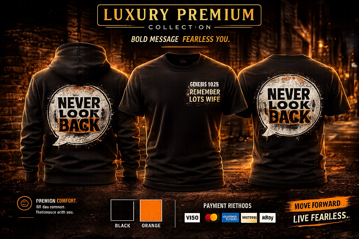 Luxury premium black T-shirt ad with neon orange accents and bold slogan, front and back views displayed Luxury premium black T-shirt ad with neon orange accents and bold slogan, front and back views displayed