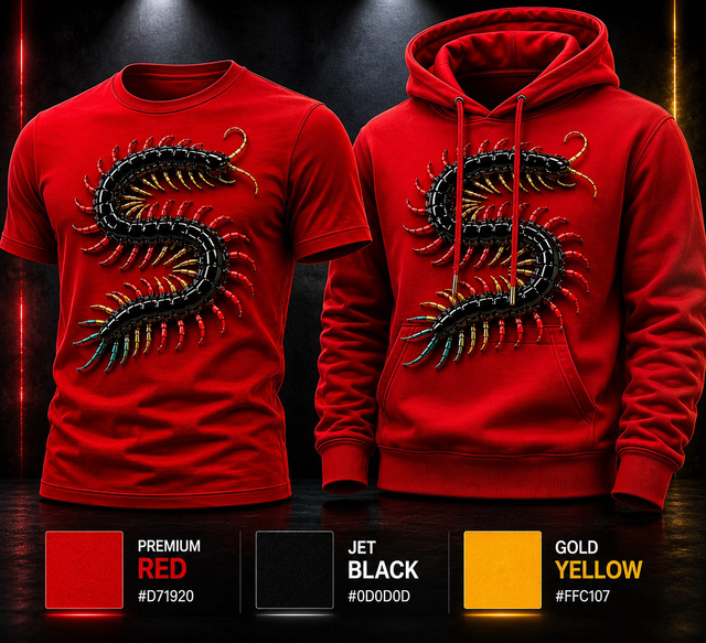 Red sweater and hoodie with black S-shaped graphic, shown in red, black, and yellow color options.