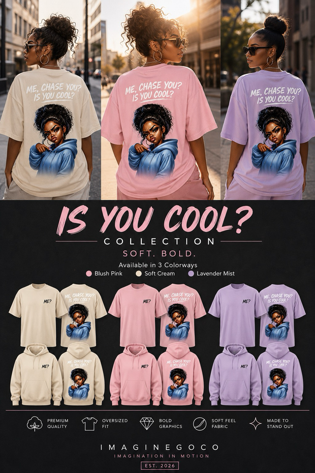 T-shirt collection poster with “IS YOU COOL?” text and multiple pastel shirt designs featuring a cartoon face. T-shirt collection poster with “IS YOU COOL?” text and multiple pastel shirt designs featuring a cartoon face.