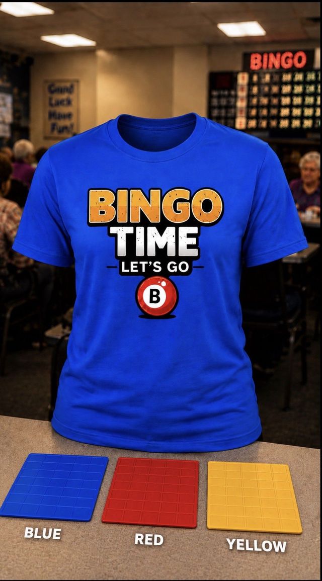 Blue “Bingo Time” T-shirt on a mannequin in a bingo hall, with blue, red, and yellow color swatches below.