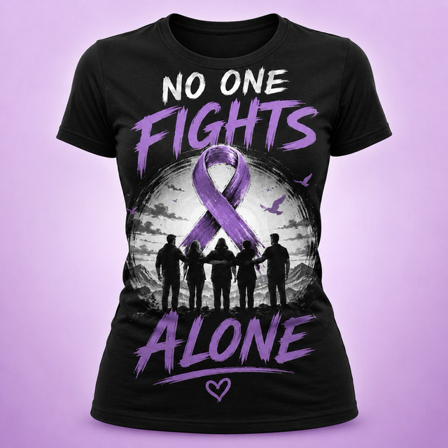 Black T-shirt with purple awareness ribbon and the words “No One Fights Alone” with silhouetted figures.