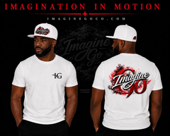 Black and white T-shirt mockups showing front and back logo designs with red “Imagination Go” branding Black and white T-shirt mockups showing front and back logo designs with red “Imagination Go” branding