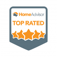 A home advisor top rated badge with five stars on it.