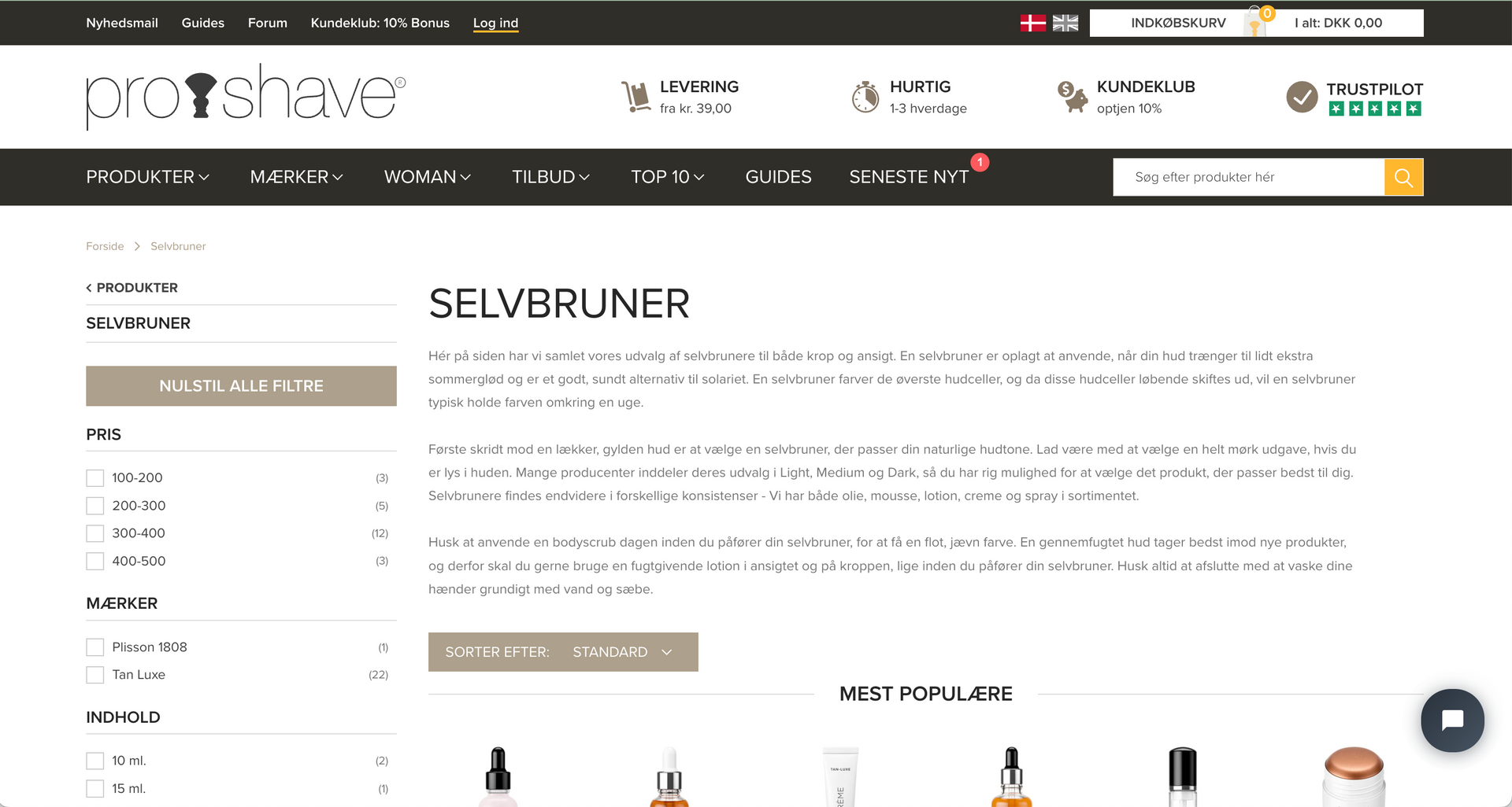 Side om selvbruner på proshave.dk