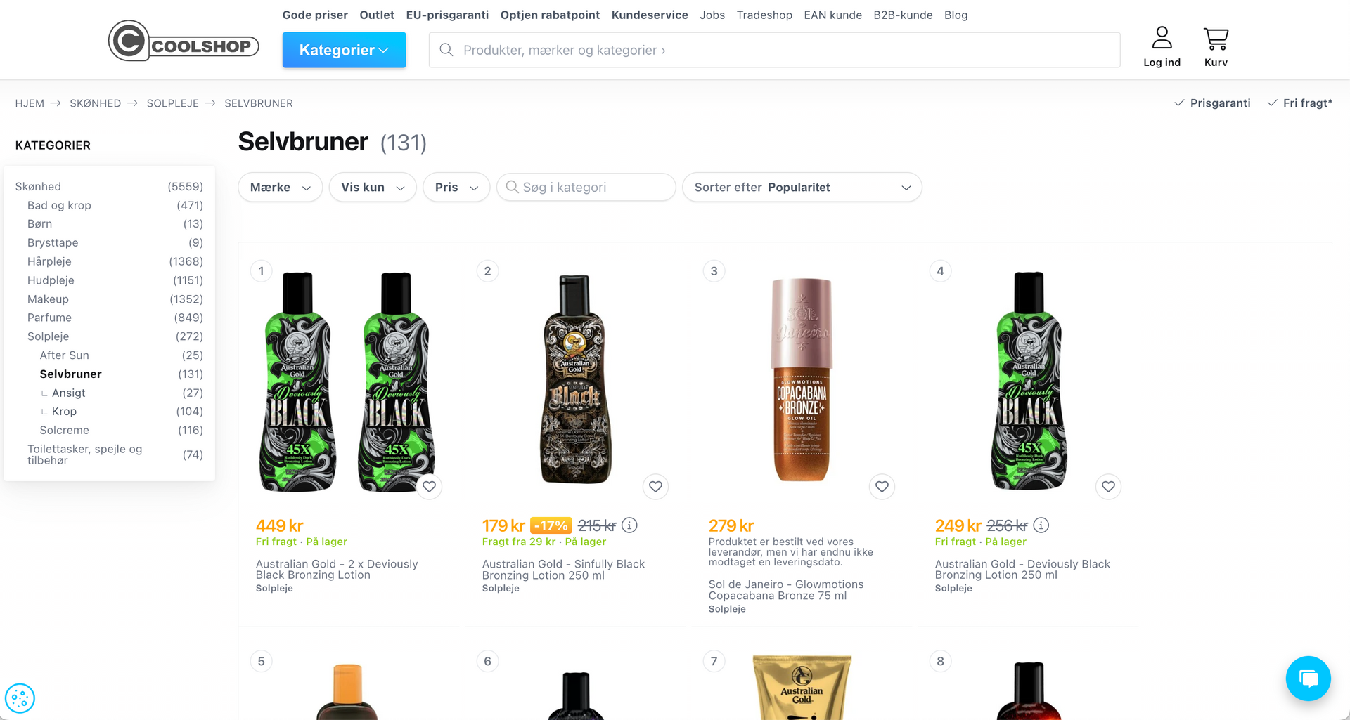 Side om selvbruner på coolshop.dk