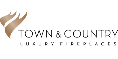 Full Time Heating & Cooling | A logo for town & country luxury fireplaces with a flame on it.