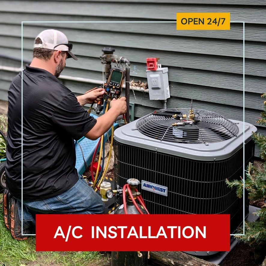 Full Time Heating & Cooling | A man is working on an air conditioner outside of a house.
