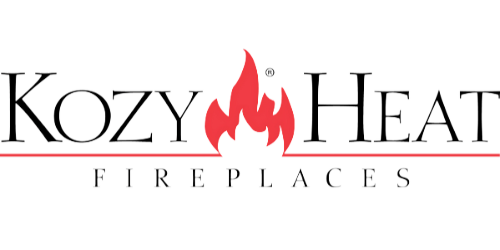 Full Time Heating & Cooling | The logo for kozy heat fireplaces has a red flame on it.