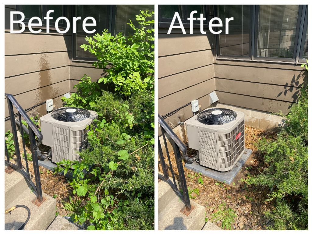 Full Time Heating & Cooling | A before and after picture of an air conditioner in a yard.