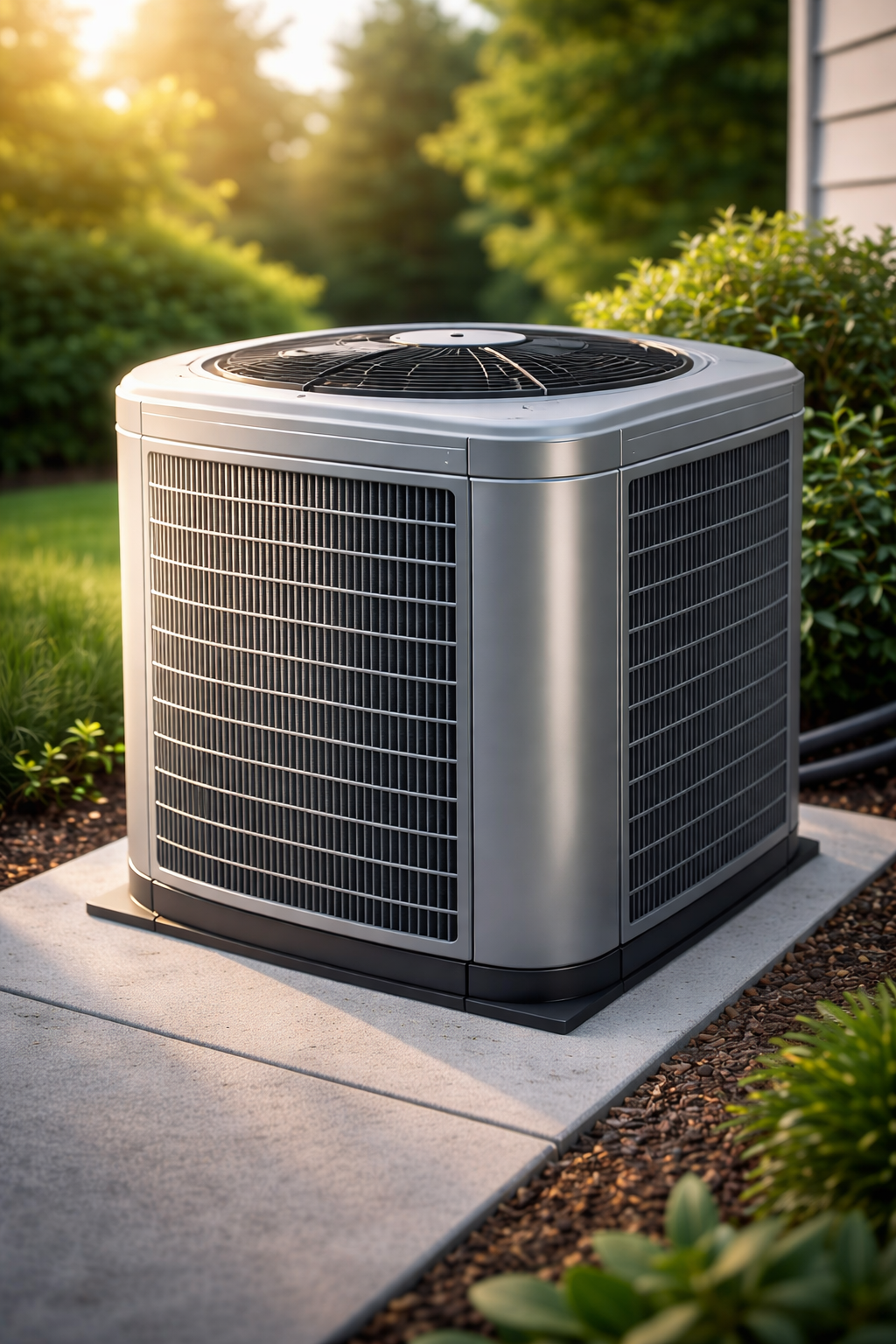 An air conditioning unit on a concrete pad in a yard with green grass and foliage.