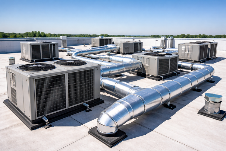 HVAC units and ductwork on a flat rooftop against a clear blue sky.