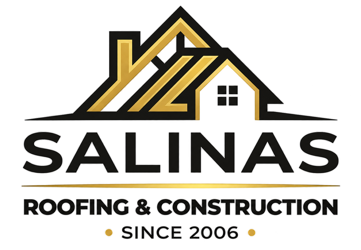 Salinas Roofing & Construction logo with stylized black, gold, and white house roof design, "Since 2004" text