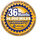 NAPA Auto Care warranty badge: 36 months/36,000 miles nationwide coverage, in gold, blue, and white.