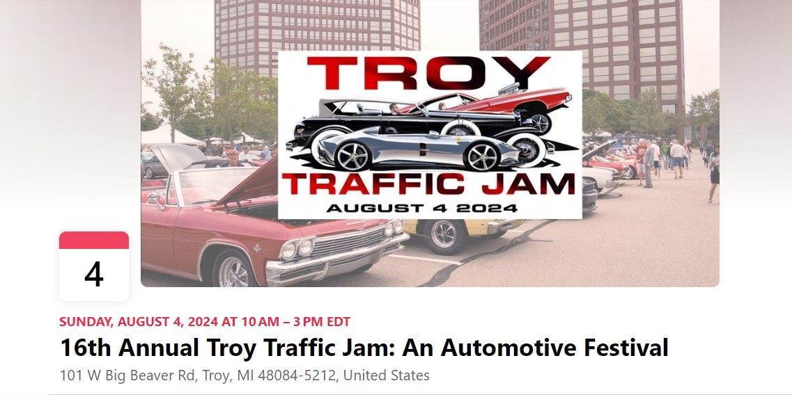 Flyer for the 16th Annual Troy Traffic Jam, an automotive festival, with classic cars and event details.