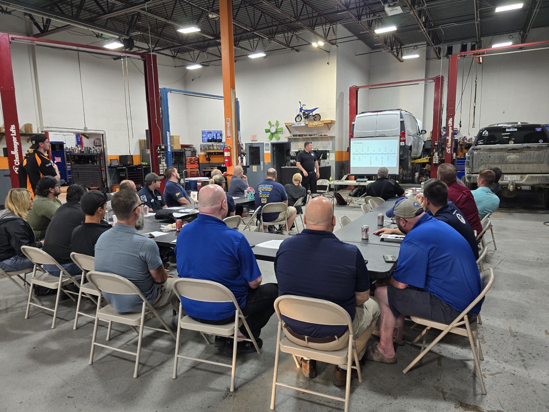 People seated around a table in a garage, attending a presentation on a screen.
