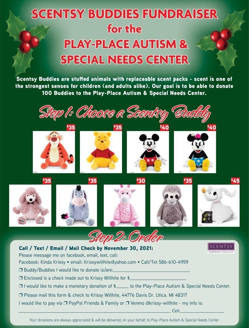 Scentsy Buddies fundraiser for autism center; includes stuffed animals. Green background with pricing and ordering instructions.