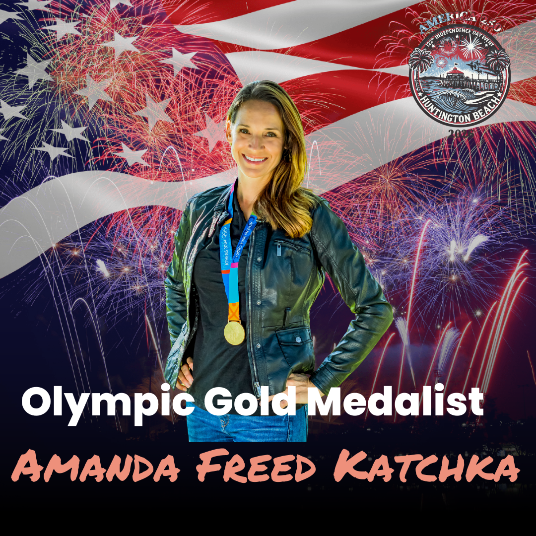 Amanda Freed Katchka Amanda Freed Katchka with gold medal, Olympic title text, fireworks, and American flag backdrop