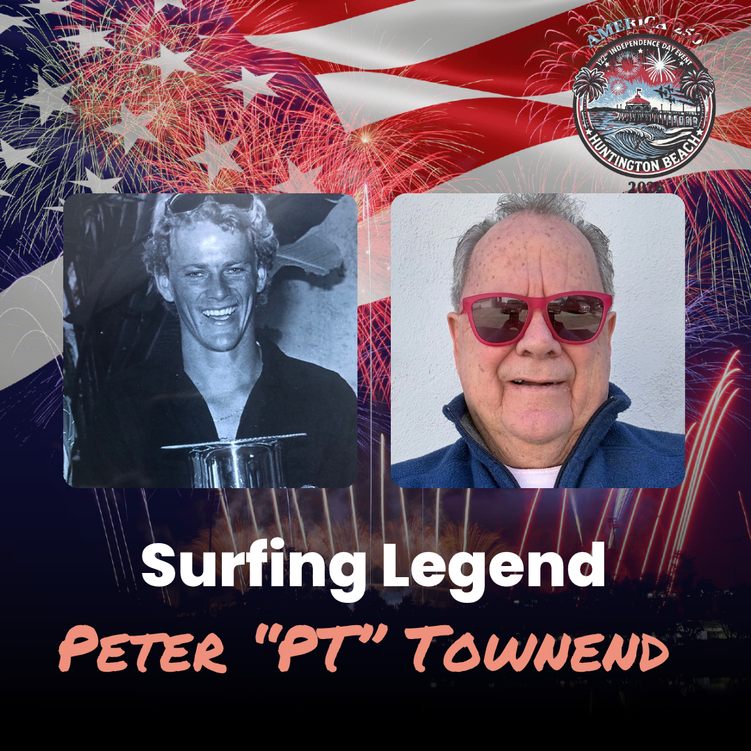 Peter Collage honoring surfing legend Peter “PT” Townsend with two portraits over an American flag background