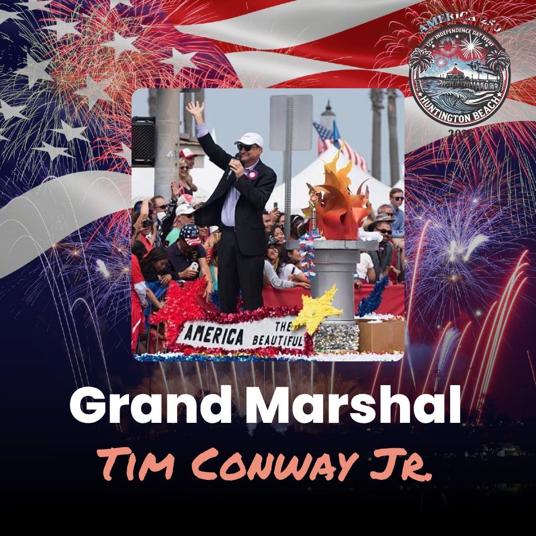 Tim Conway Jr. Tim Conway Jr. as Grand Marshal over patriotic fireworks and a crowd scene