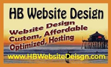 Business card for HB Website Design featuring a sunset beach scene with a pier and a website URL at the bottom.