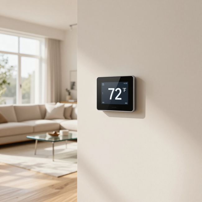 Smart thermostat showing 72°F on a wall in a bright, modern living room.