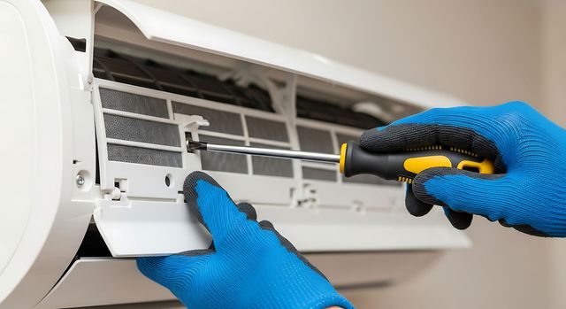 Gloved hands cleaning an air conditioner filter with a screwdriver, indoor wall unit open.
