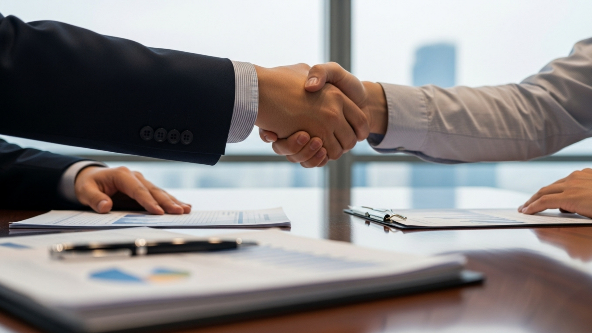 Two people shaking hands over a table with documents, signifying an agreement.