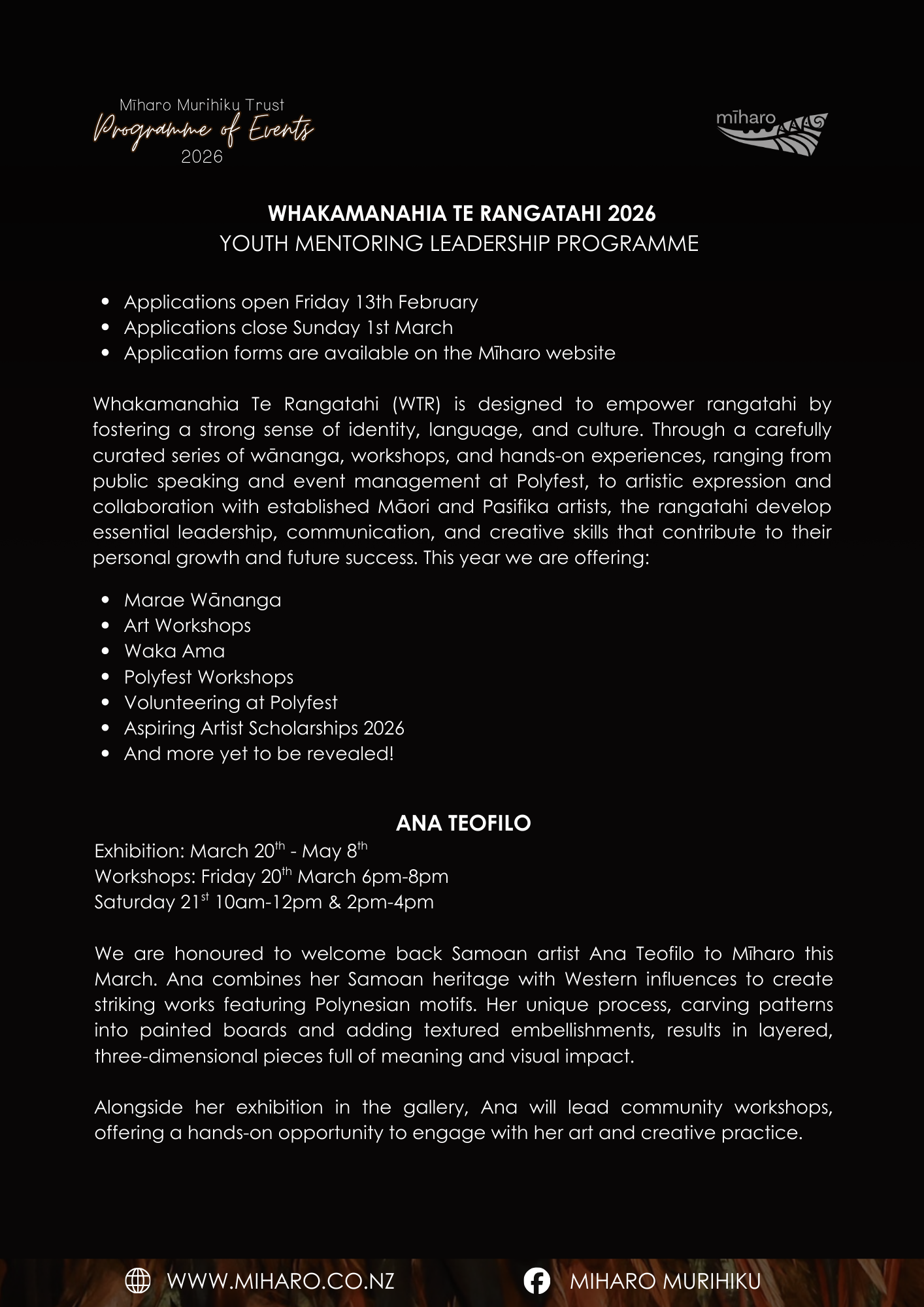 Mīharo Programme of Events 2026