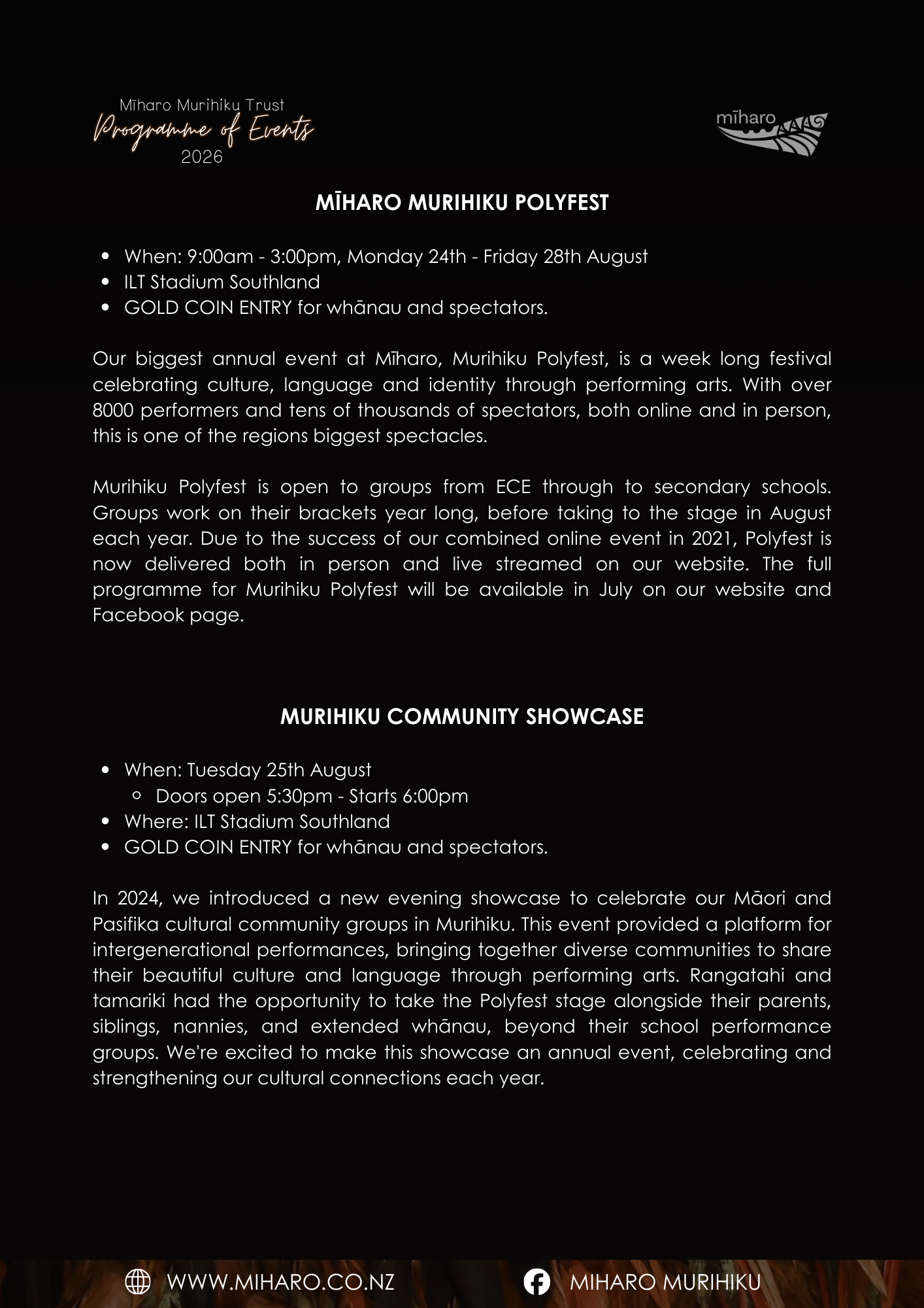 Mīharo Programme of Events 2026