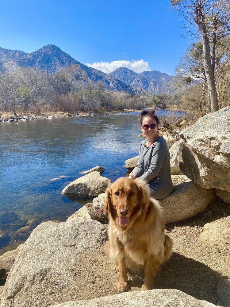 A woman is sitting on a rock next to a river with a dog.