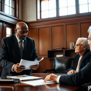 Lawyers in a wood-paneled courtroom review documents at a table