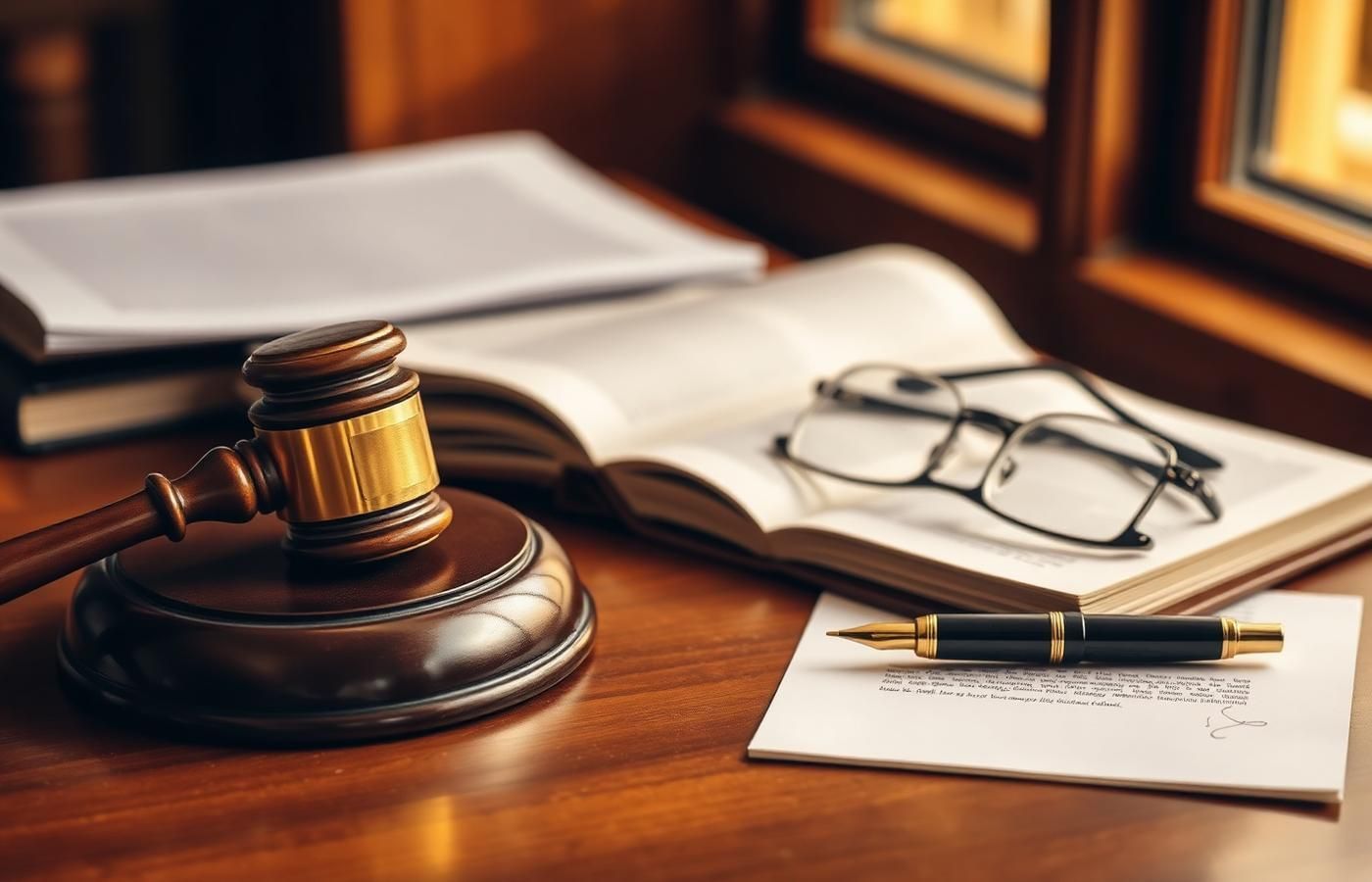 Law office desk with gavel, scales, glasses, and legal documents on wood surface