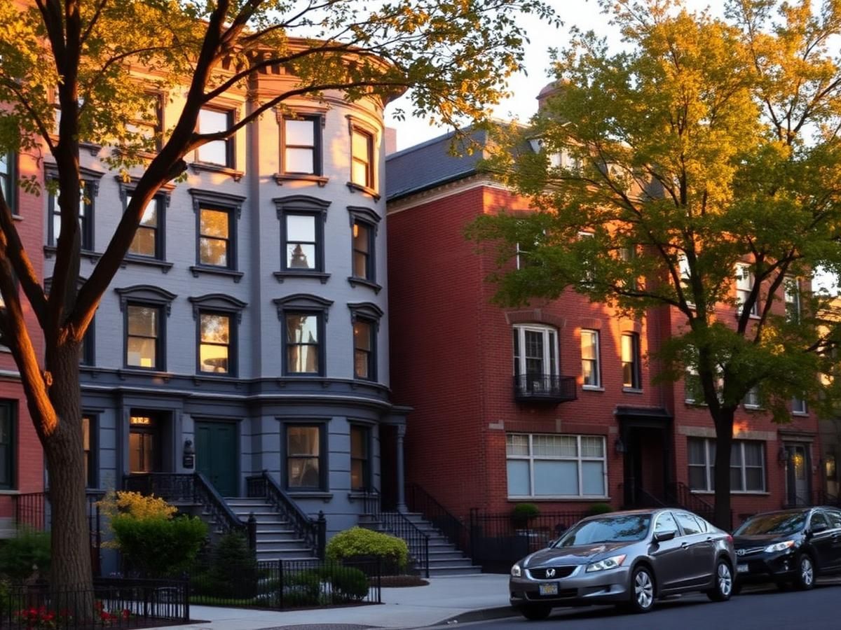 Tree-lined residential street with brownstones and parked cars in warm evening light