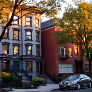 Sunlit row houses with trees and a parked silver car on a quiet city street