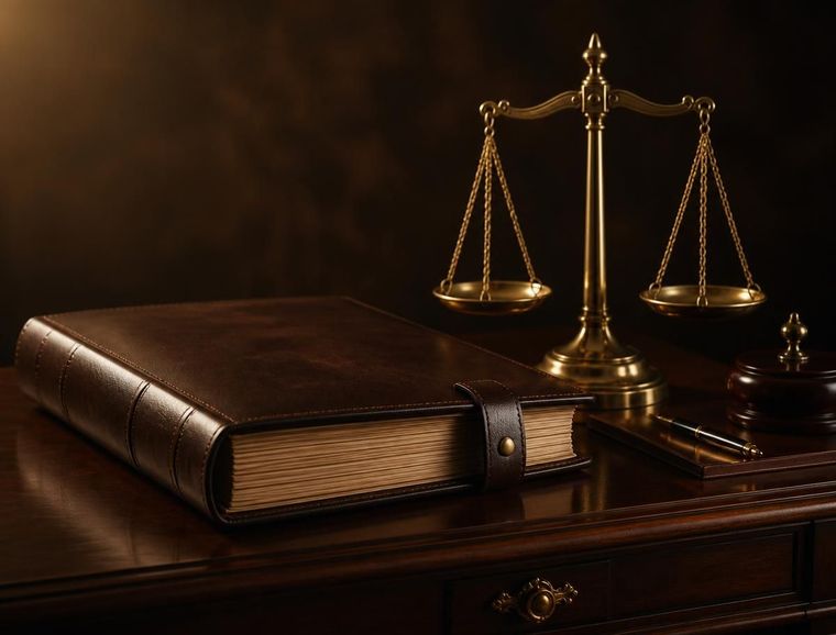 Leather law book beside brass scales of justice on a dark wooden desk
